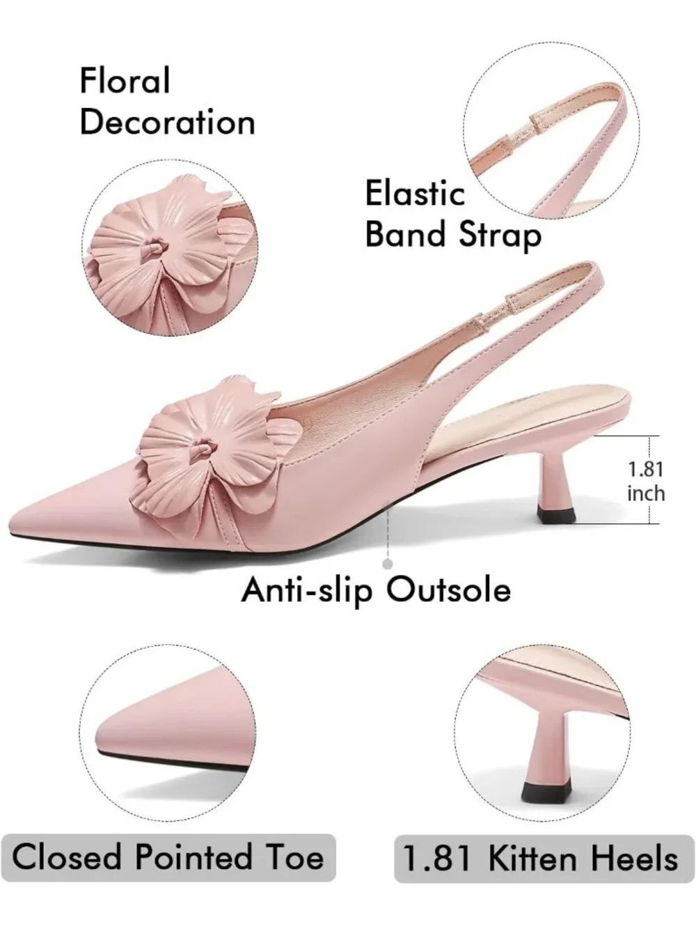 Women's Pink Flower Closed Pointed Toe Slingback Kitten Heels Wedding Pumps